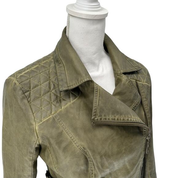 Blanc Noir Green Faux Leather Zip Front Moto Jacket Medium - Picture 3 of 7